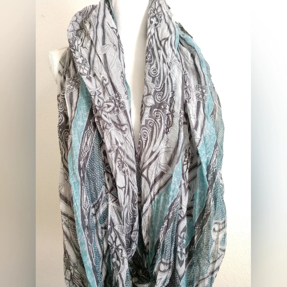 Grey Blue Floral Geometric Infinity Scarf Circle Loop 32